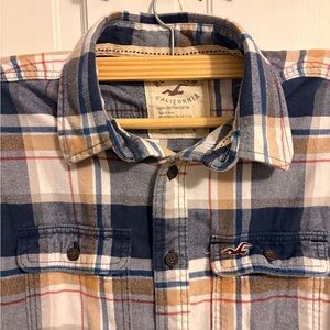 Hollister Men's Blue and Tan Plaid Shirt large
